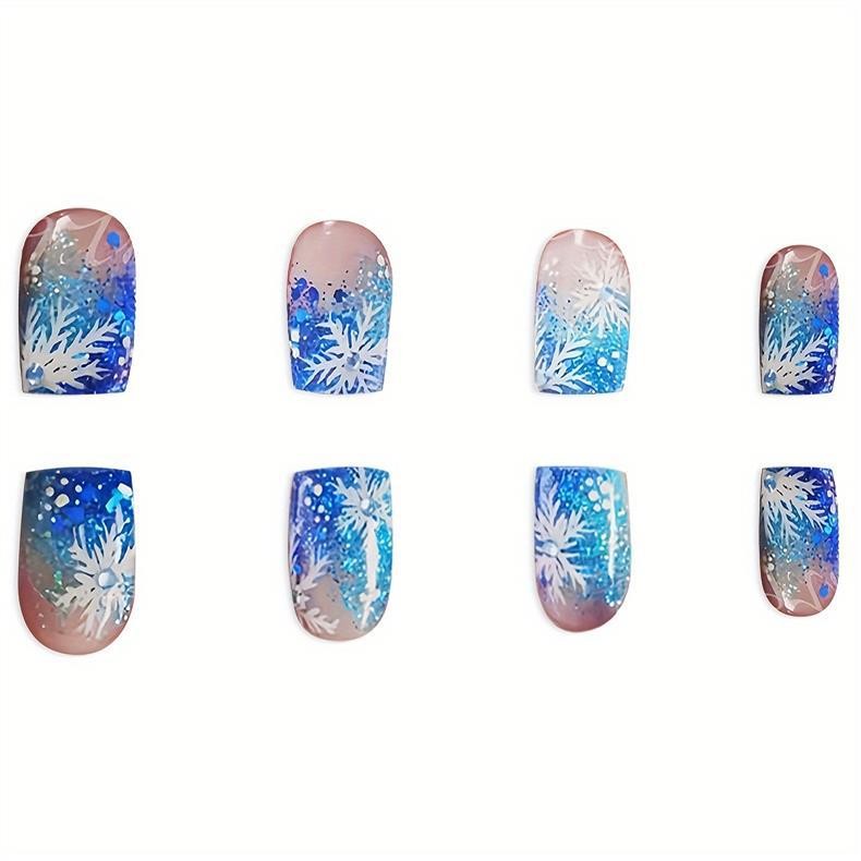 Christmas Blue Square Press On Nails Snowflake Rhinestone Glitter