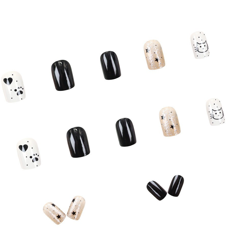 48 Pcs Cartoon Cat Star Black White Oval Press on Nails, Cute Daily Fake Nails