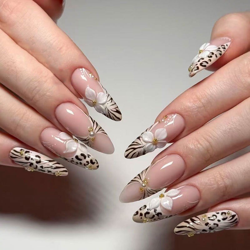24pcs-Nude Pink Almond Nails with 3D White Flowers and Mixed Animal Print Tips