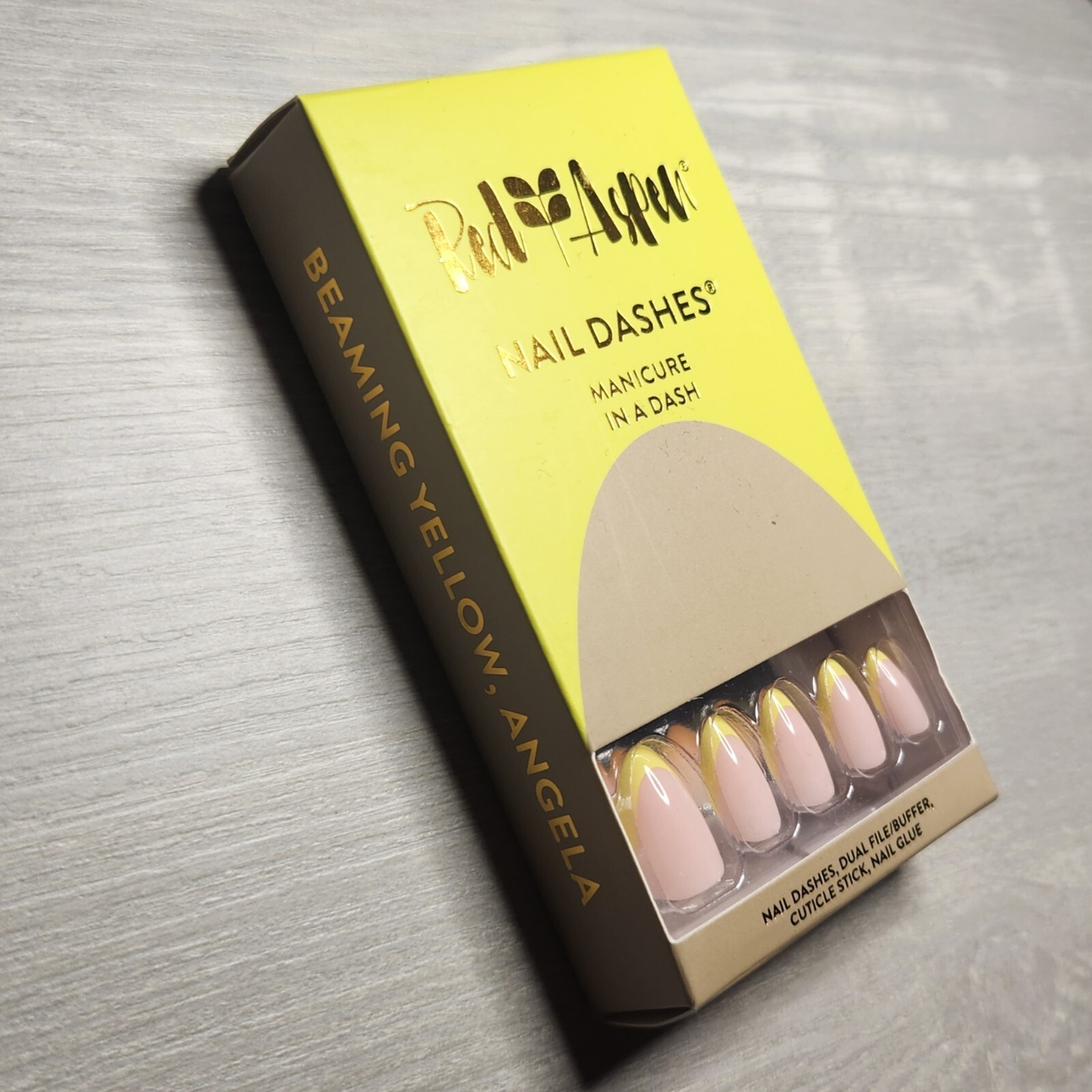 Press On Nails Beaming Yellow, Angela French Tip Christmas Dashes Red Aspen