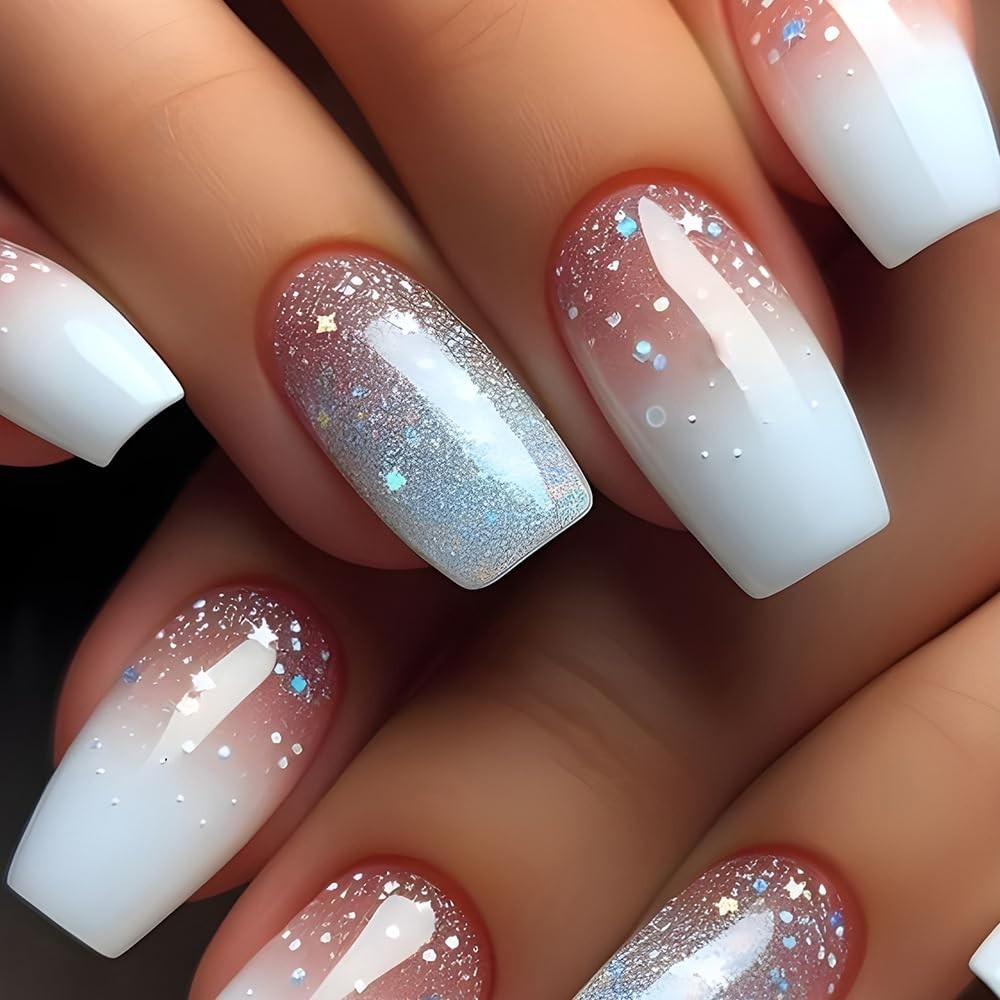 24Pcs Medium Press on Nails Blue White Gradient Press on Nails Medium Square W5