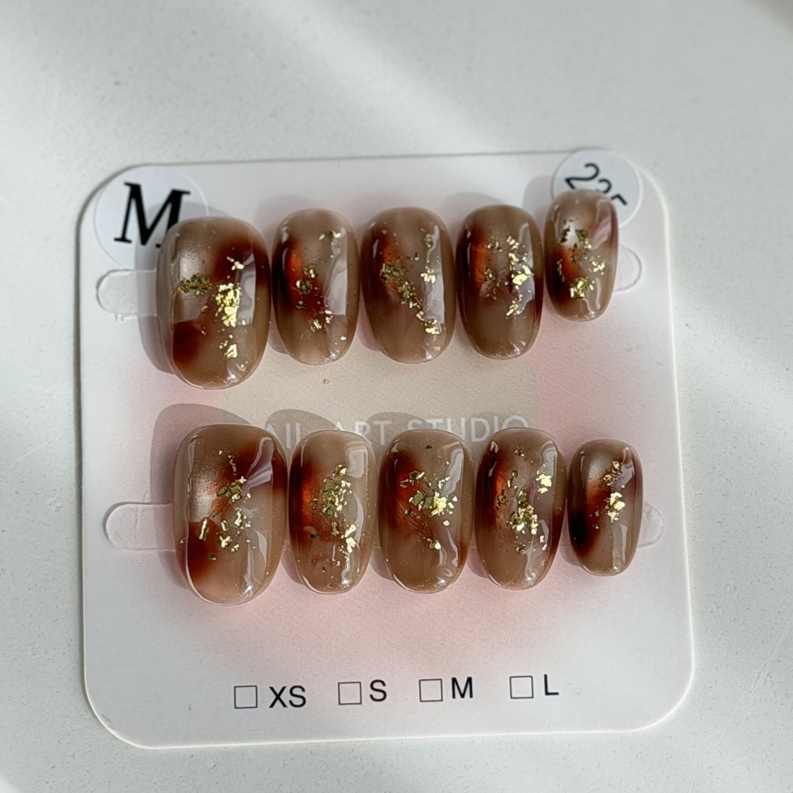 Handmade Red Brown Gold Foil Ombre Press-On Nails Short Oval Size M Reusable