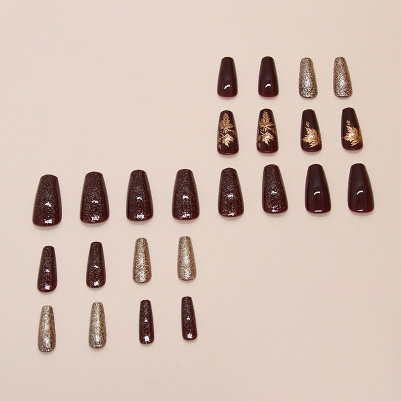 Seasonal Press On Nail Set 24PCS Amber Maple Leaf Pattern Customizable
