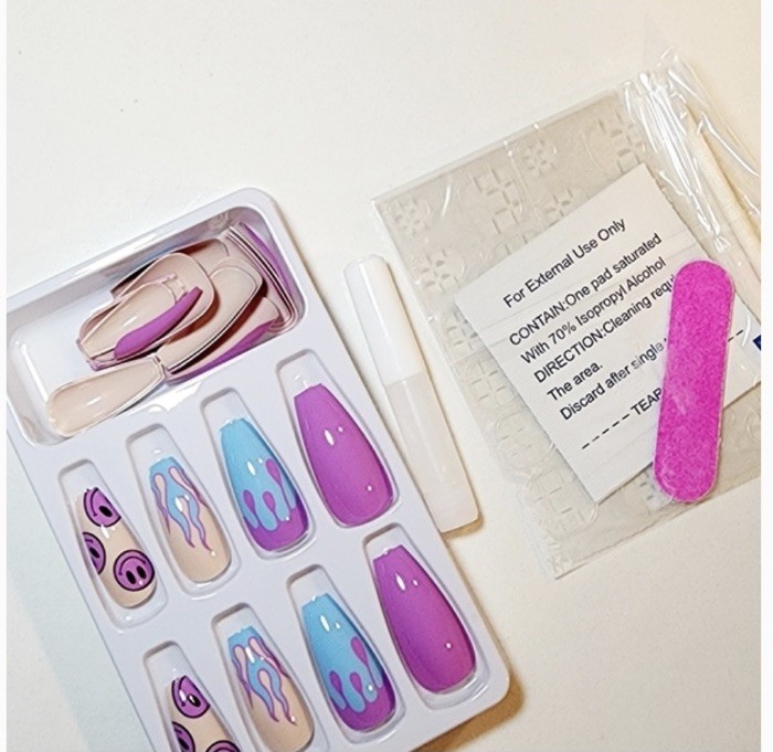 Press-On Nails Set, Purple Blue, Smiley Face Flame, Shiny, Long Coffin