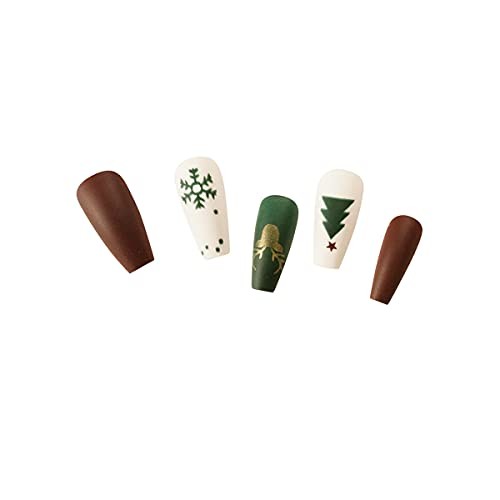 Press-On Nails – 24 Long Coffin Nails, 12 Sizes, Green White Brown Christmas