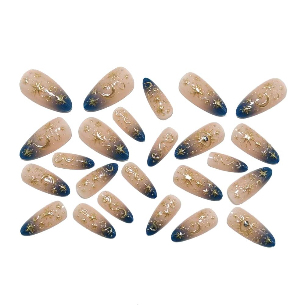 Gold Star Press on Nails Medium Almond Fake Blue Almond, Style 7