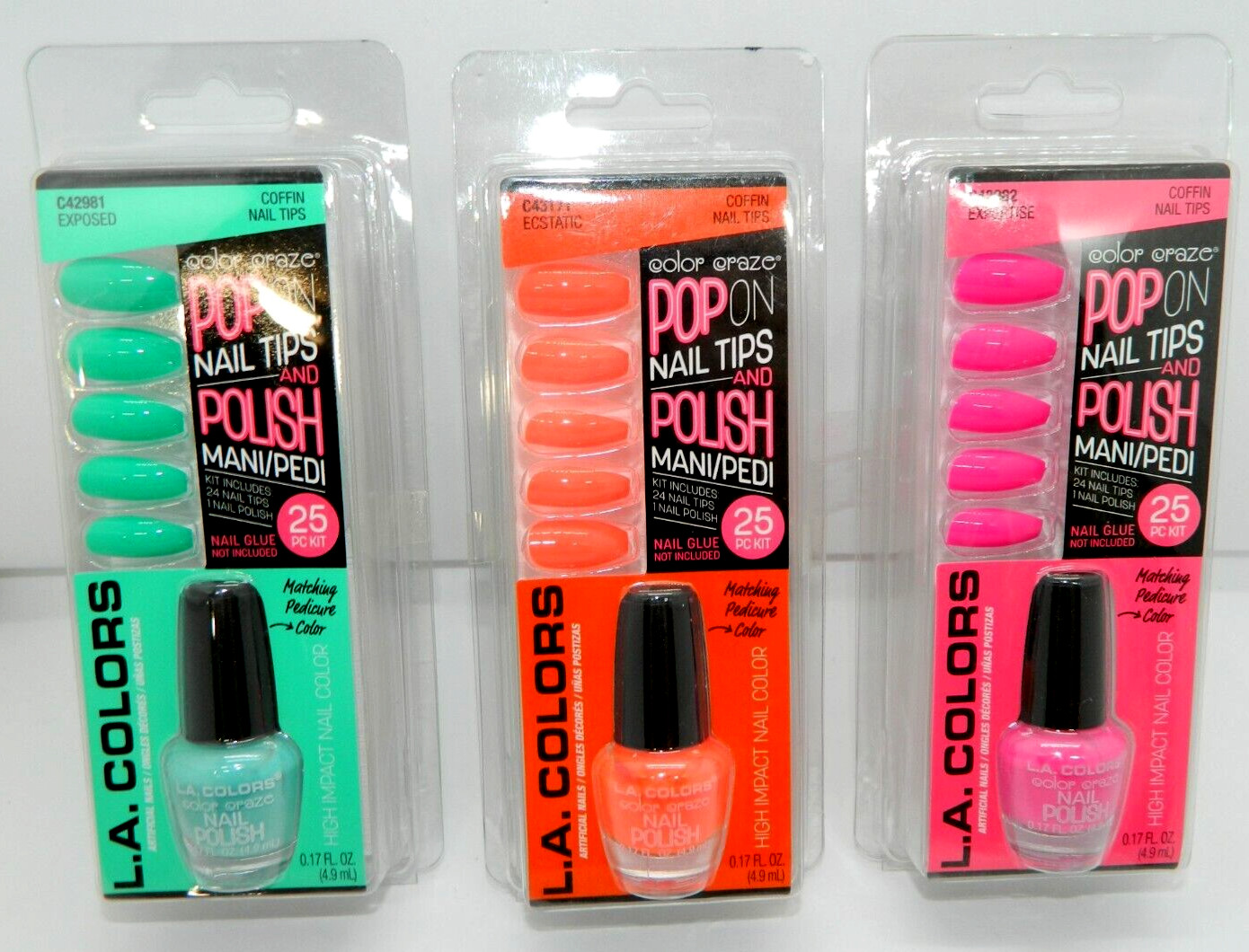L.A. Colors Color Craze Pop On Nail Tips & Nail Polish Green, Orange Or Pink
