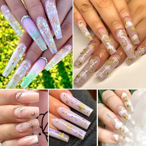 3D Metal Stars Nail Charms and Nail Art Glitter Flakes,Mixed Gold/Silver/White