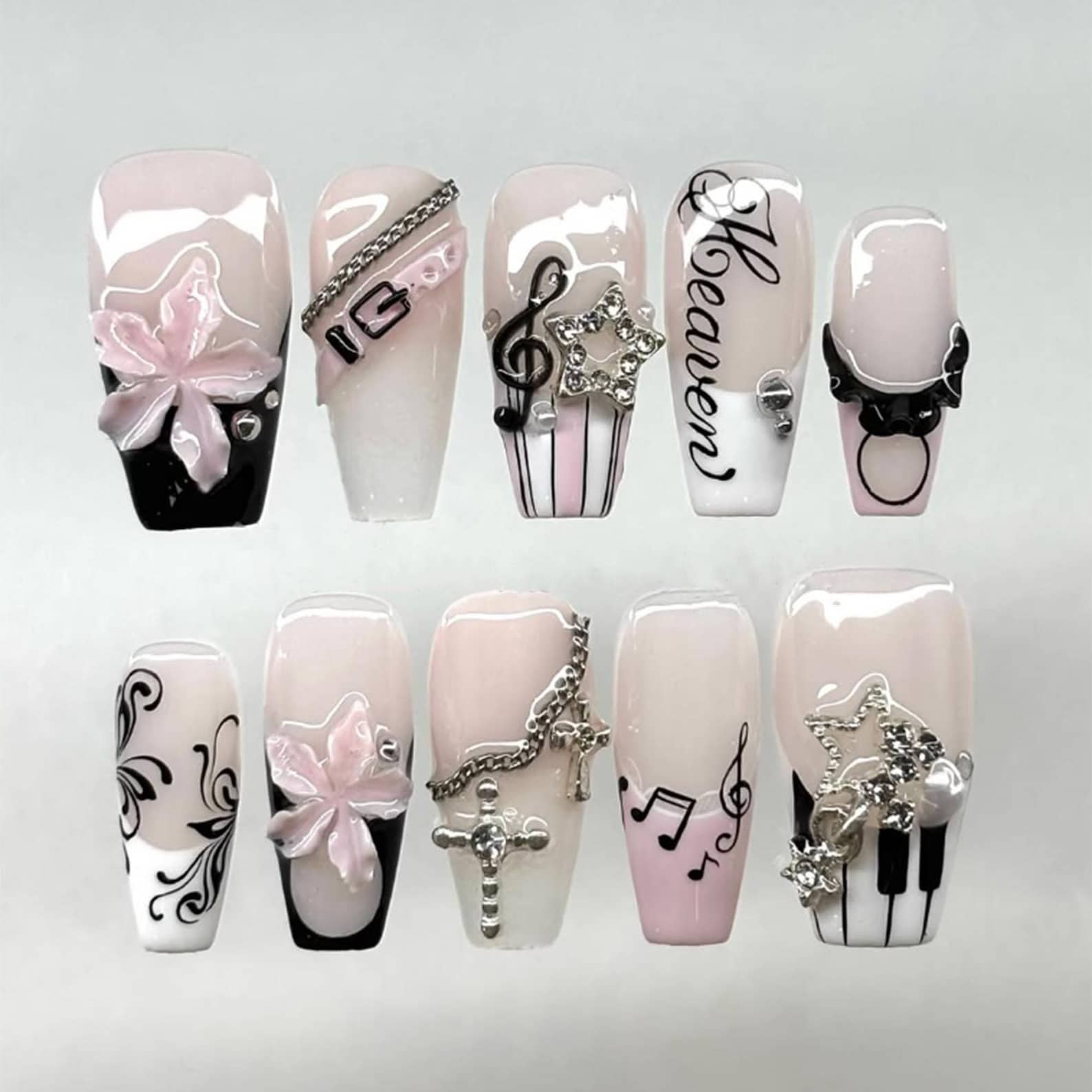 Handmade Pink Black Music Note Cross Star Rhinestone Long Coffin Press on Nails