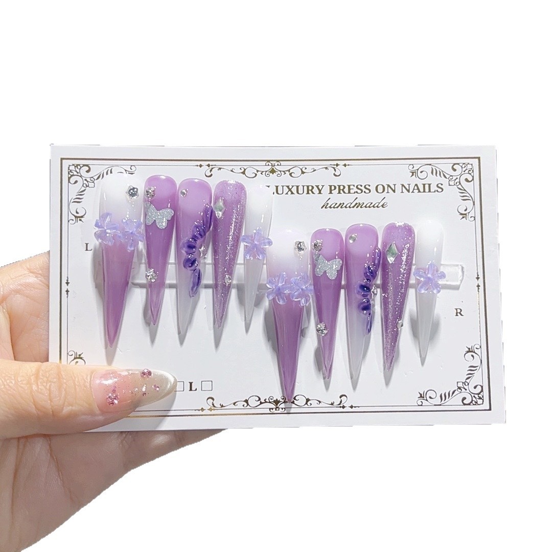 10Pcs Purple White Gradient 3D Butterfly Long Stiletto Press On Nails For Party