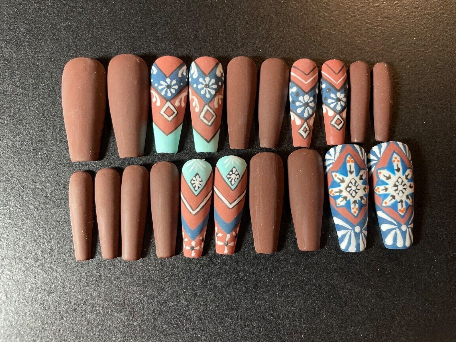 Custom press on nails long 24 matte abstract tribal native brown teal blue white