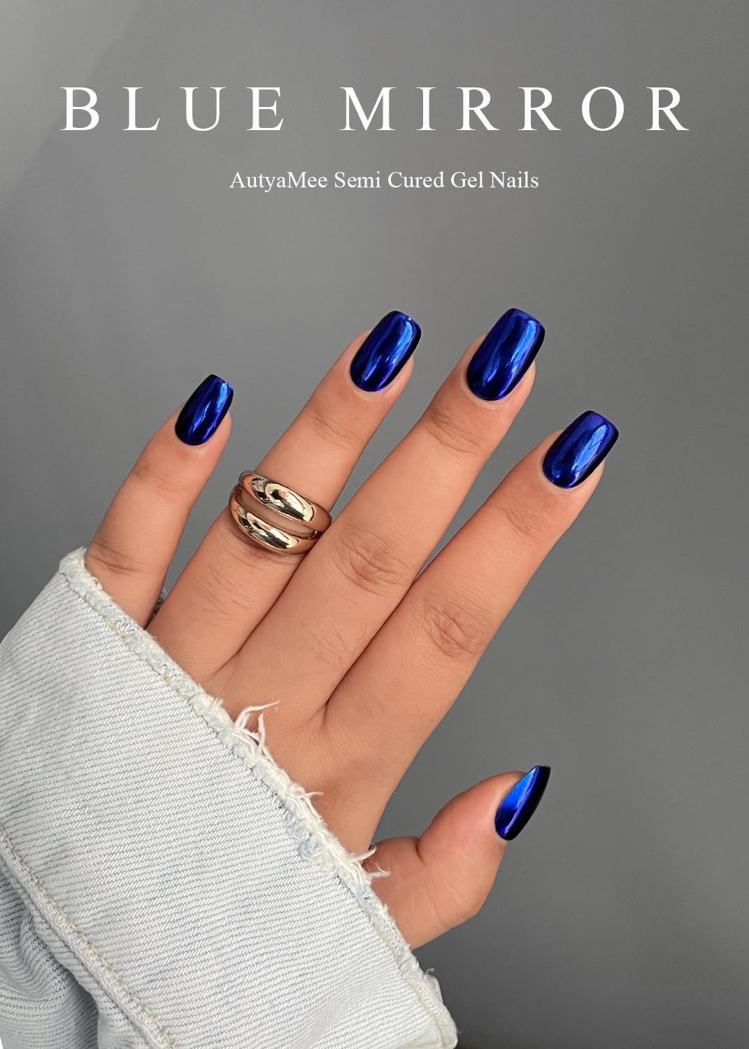 AutyaMee Semi Cured Gel Nail Strips (Blue Mirror), Chrome, 20 Pcs Gel Nail Wraps