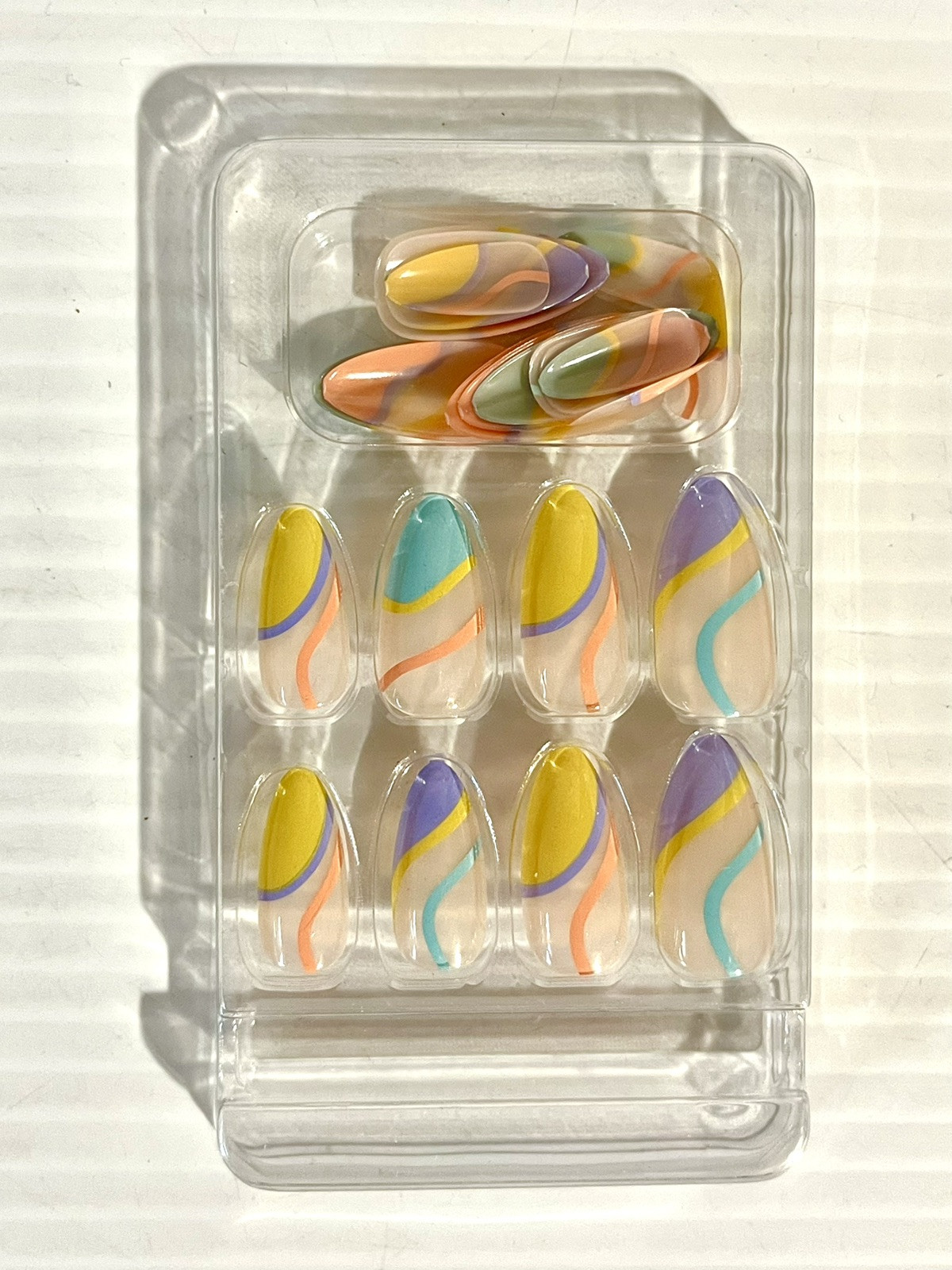 Press On Nails Medium Almond Shape Designer Nails Blue/Yellow/Purple Retro Swirl