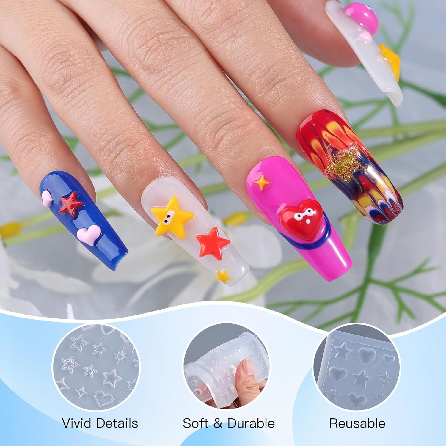 Star Heart Silicone Nail Molds for 3D Gel and Acrylic Nail Art Design