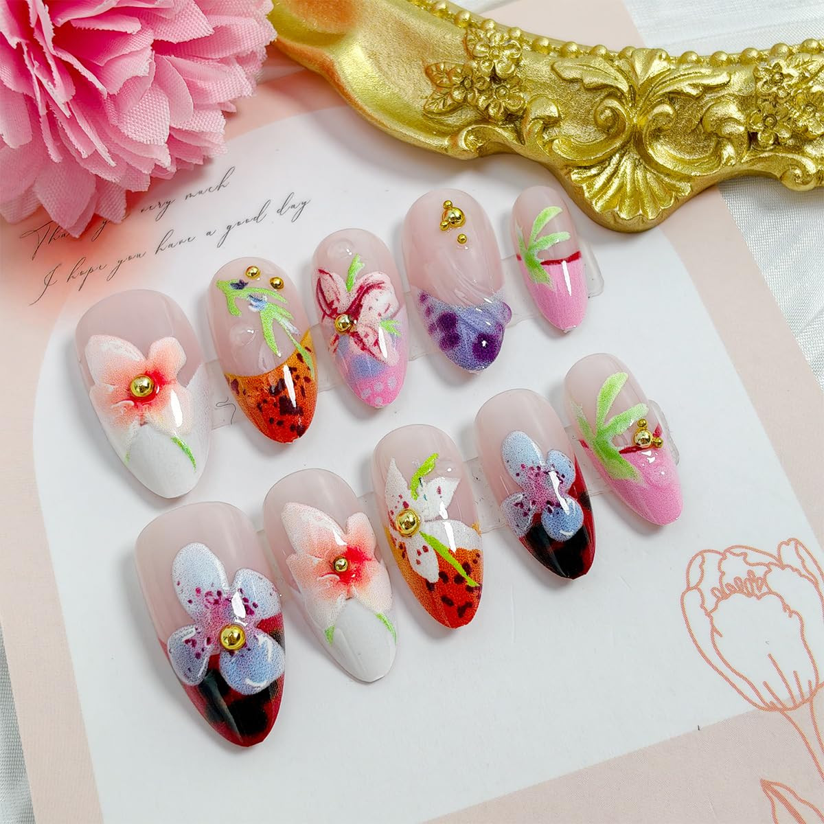 24Pcs French Tip Press on Nails Medium Almond Fake Nails 3D Colorful Flower Pres