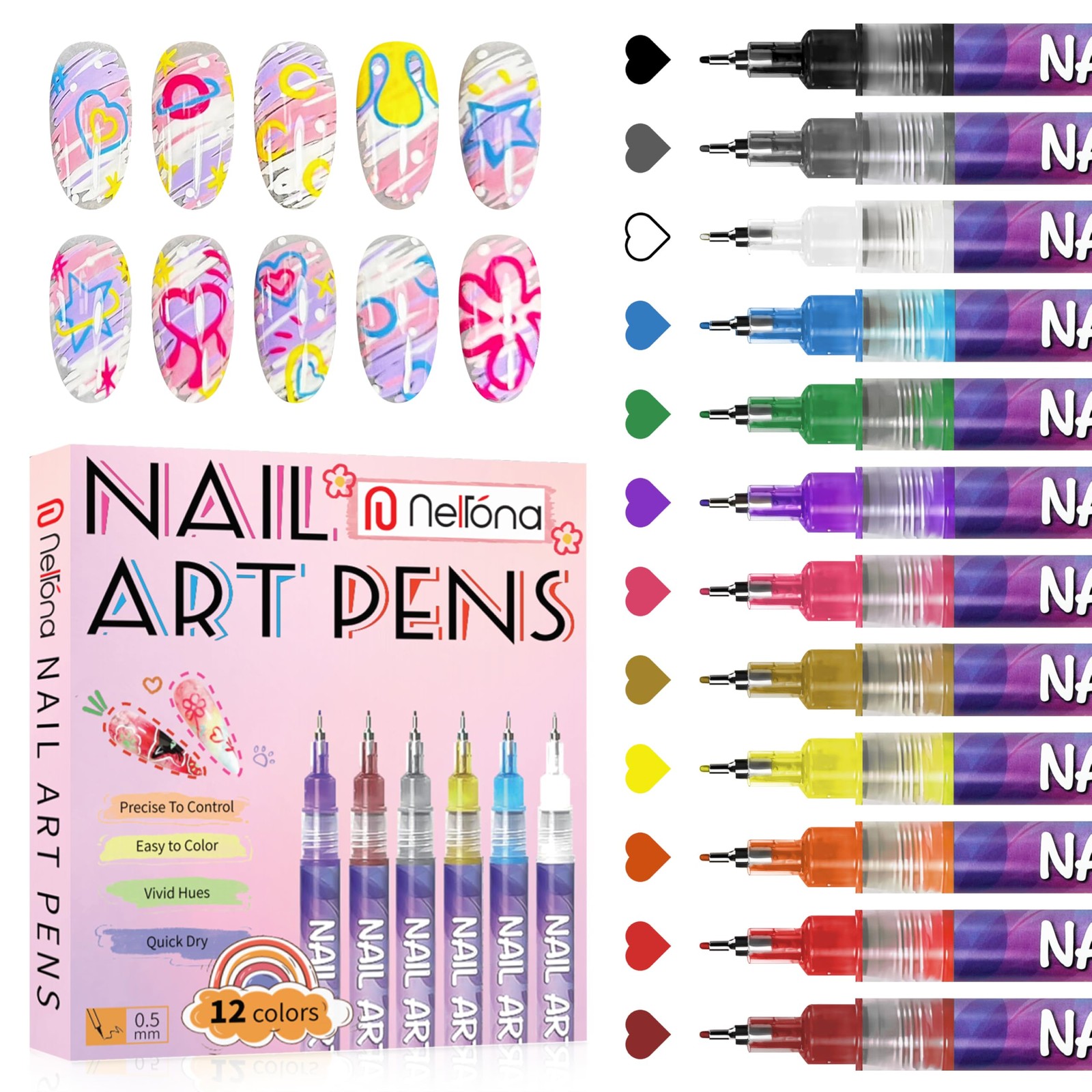 12 Colors Nail Art Pens Set – Acrylic Nail Polish Pens for DIY Nail Designs, …