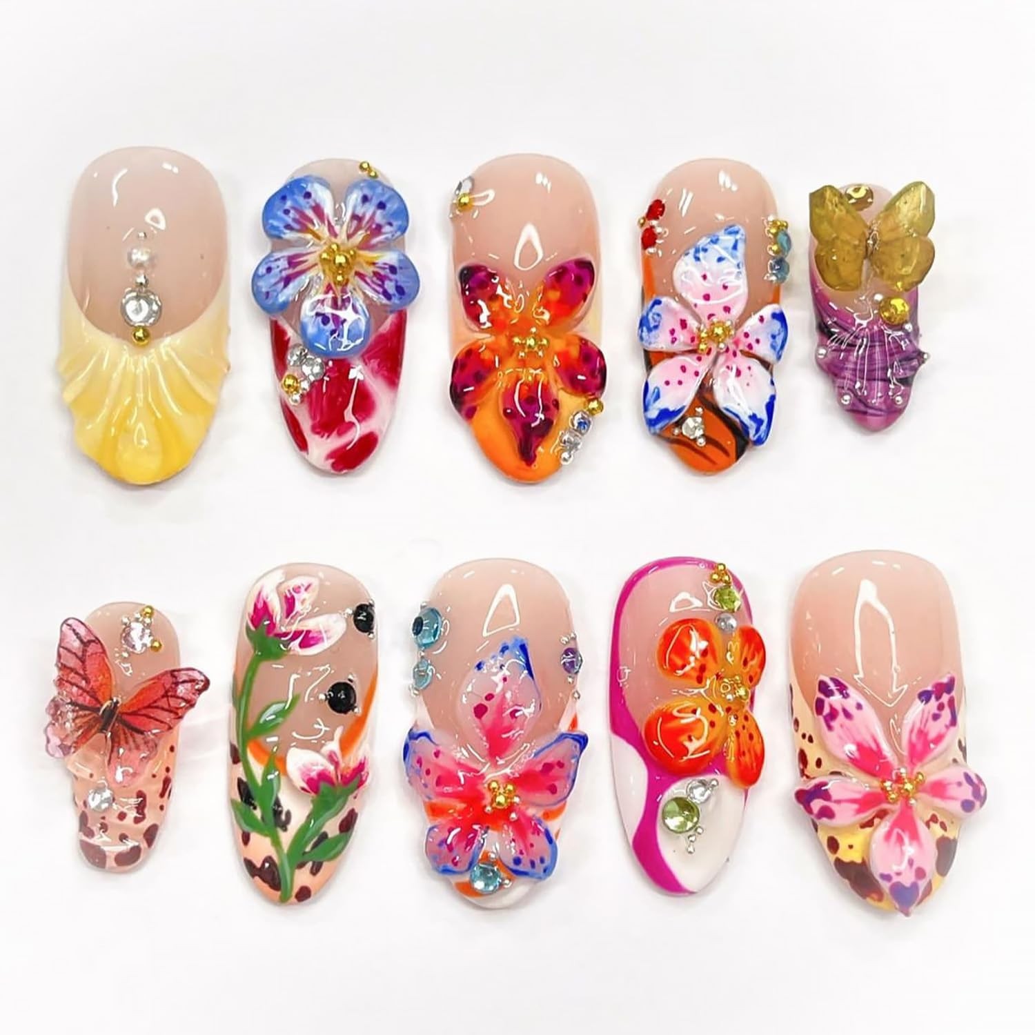 24Pcs Colorful Flower Press on Nails Medium Almond Almond, color
