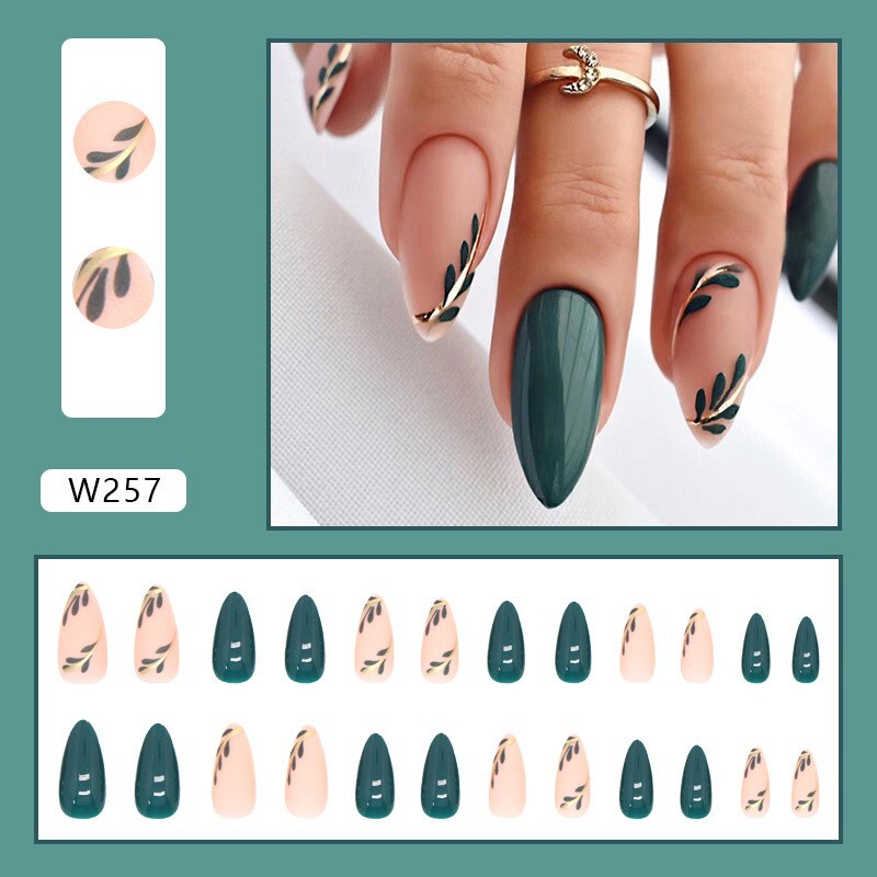 24pcs Olive Green Shiny Gold Flower Ins Pretty Press on Nails, Medium Almond