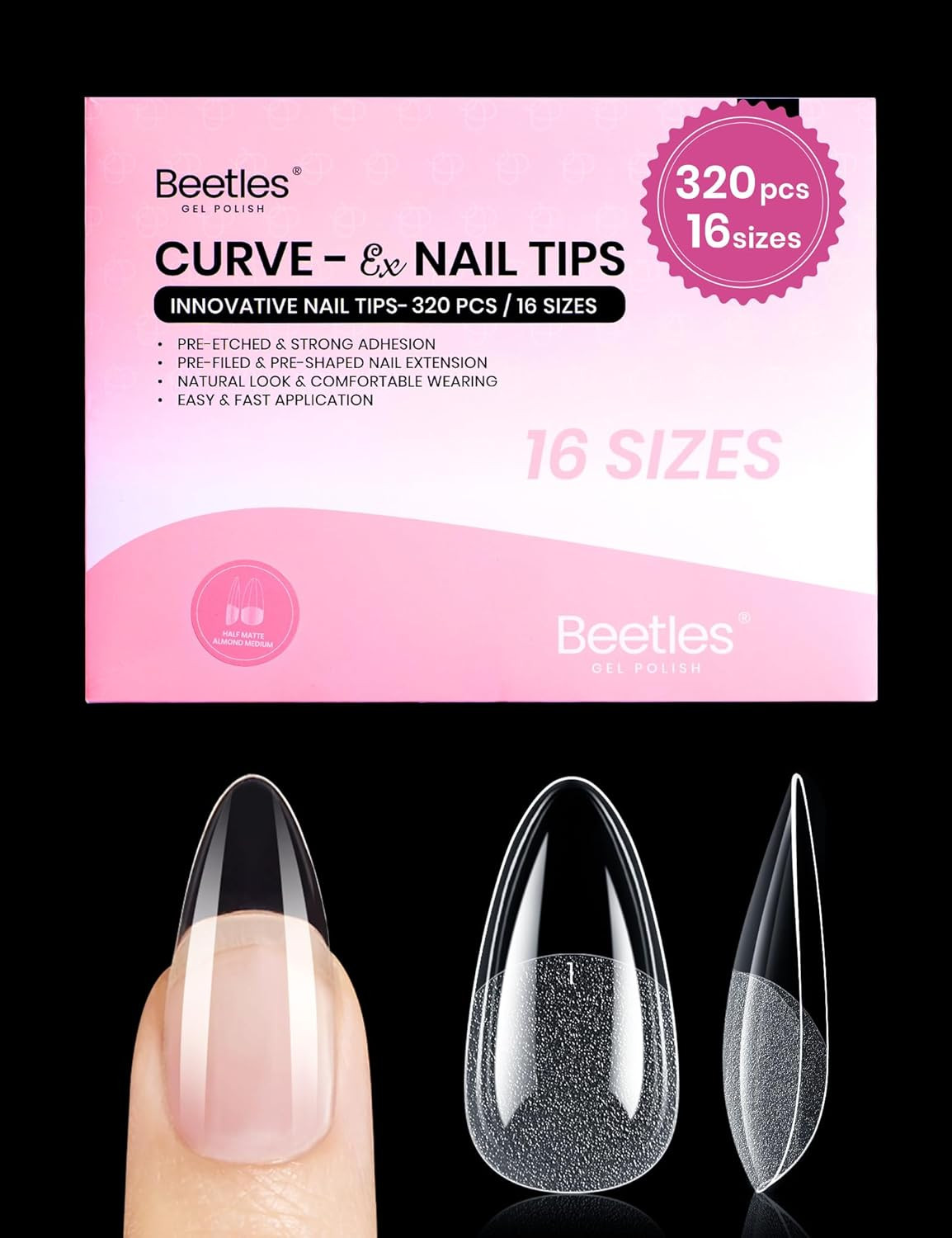 Beetles Gel Nail Tips Curve-Ex – Almond Medium, 320Pcs 16 Sizes, Etch-X Half Mat