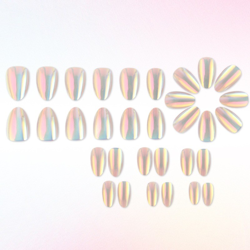 64pcs-Silver Holographic Press on Nails, Medium Almond Chrome Mirror Fake Nails