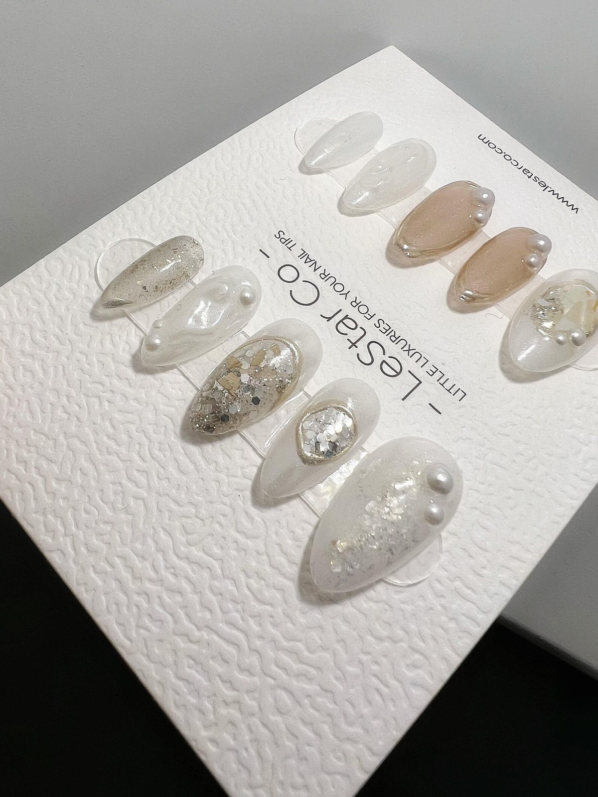Handmade Milky White Silver Foil Glitter Pearl Medium Almond Press on Nails