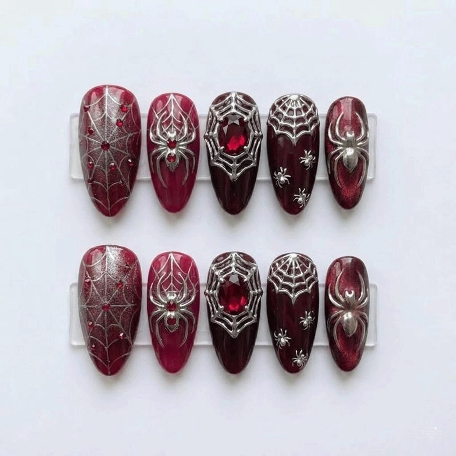 Custom Handmade Handmade Burgundy Silver Spider Web Almond Press on Nails