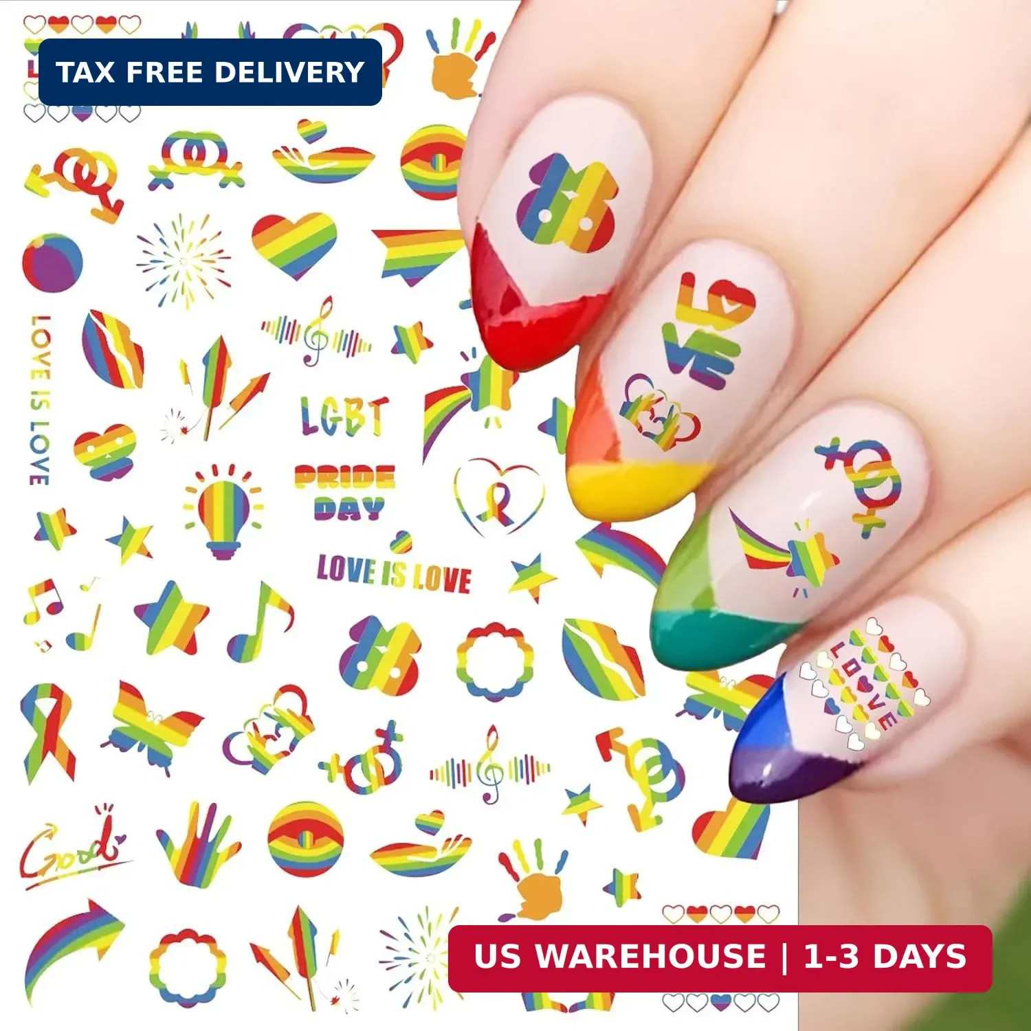 4 Sheets LGBTQ+ Pride Nail Stickers Cute Rainbow Nail Art Decals 3D Self-Adhesiv