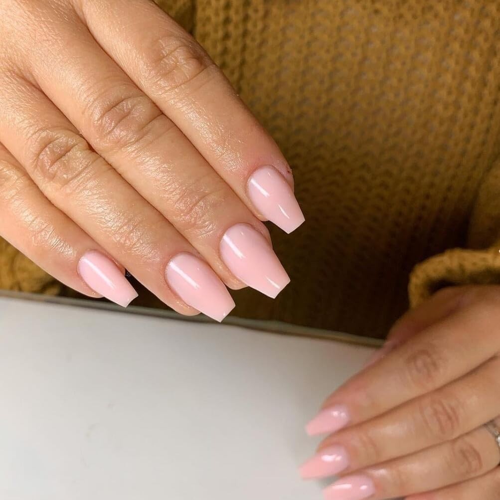 KQueenest Gel Press on Nails Coffin Shape, Solid Light Pink, Short Medium Le…