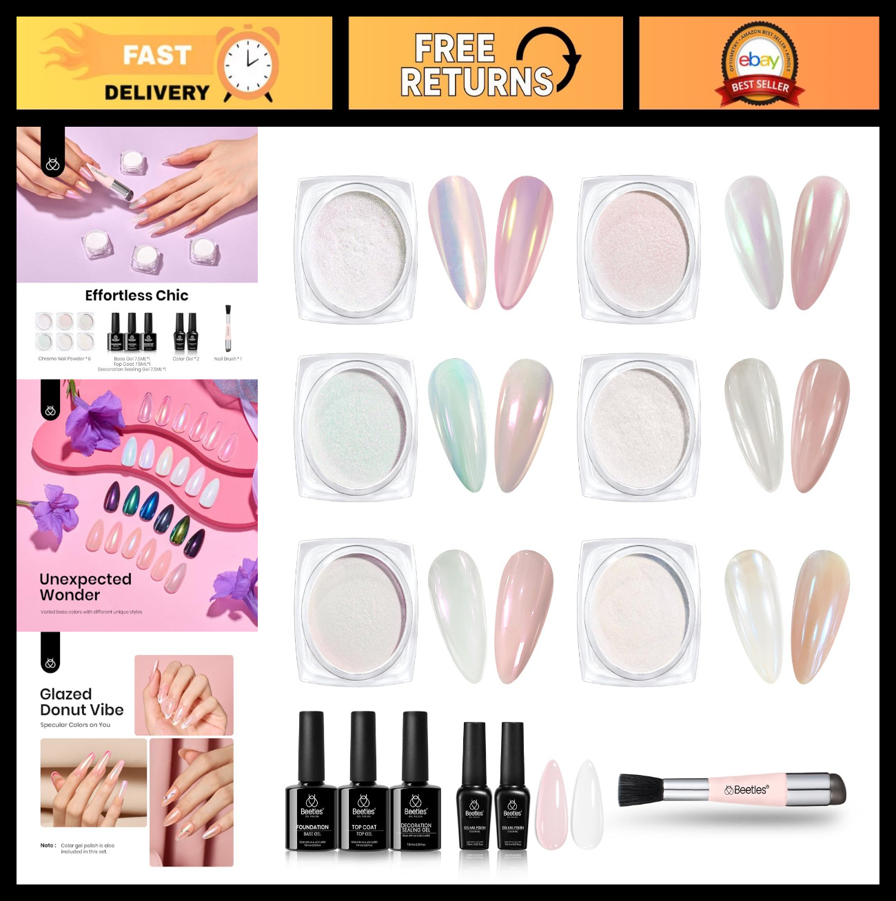 Aurora Pearl Chrome Nail Powder Kit – 6 Iridescent Colors, Base & Top Coat, Meta