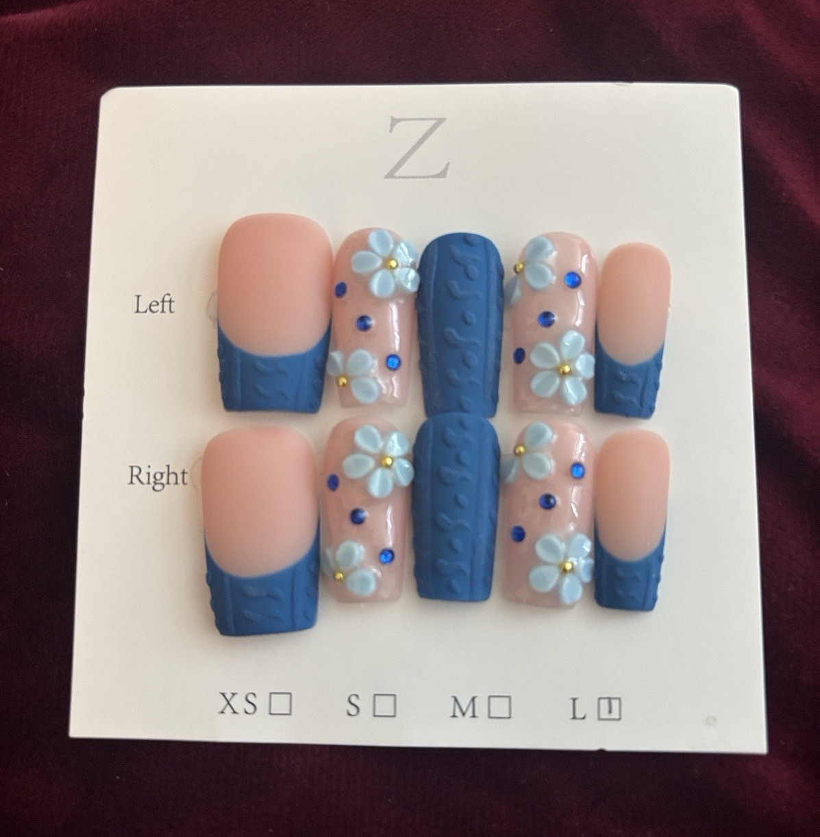 Press-On Nails Set Pink/Blue 3D Flowers Square Full Cover Pre-Designed