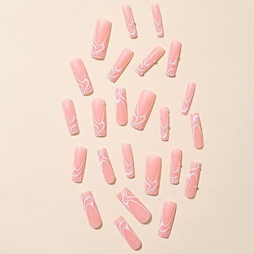 Extra Long Press on Nails Pink Square French Fake Nails, Full Cover Striped