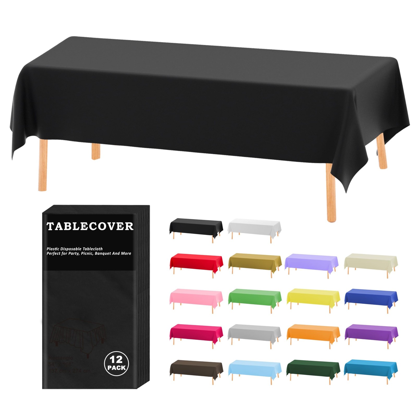 D&Z Plastic Table Cloth Disposable, 12 Pack Black Rectangle Tablecloth Indivi…