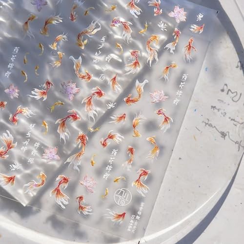5D Embossed Nail Art Stickers Spring Summer Nail Stickers for Nail Gold Fish
