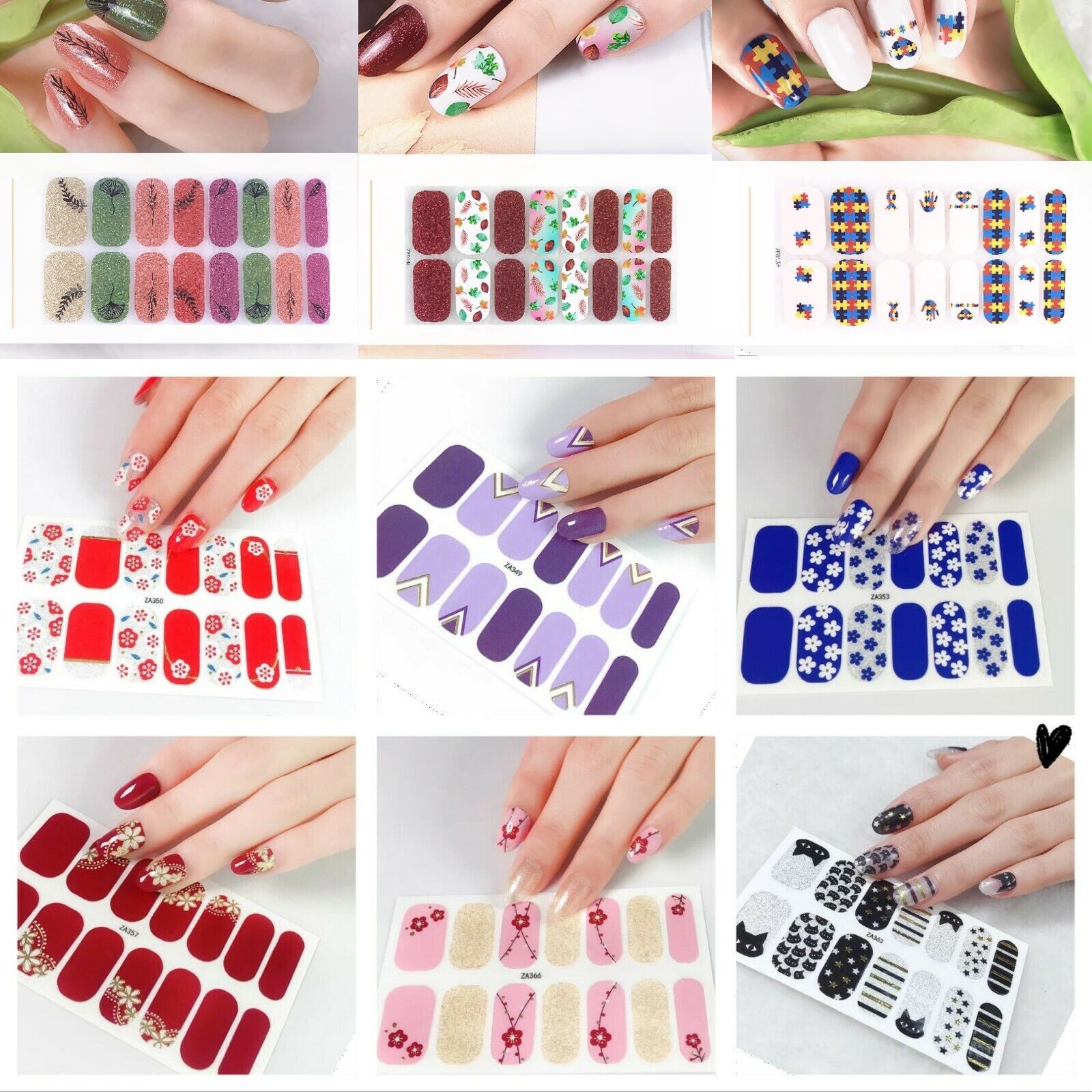 Glitter Nail Wraps Full Size Sticker Nail Polish Art Self-Stick Decor 3D NH1