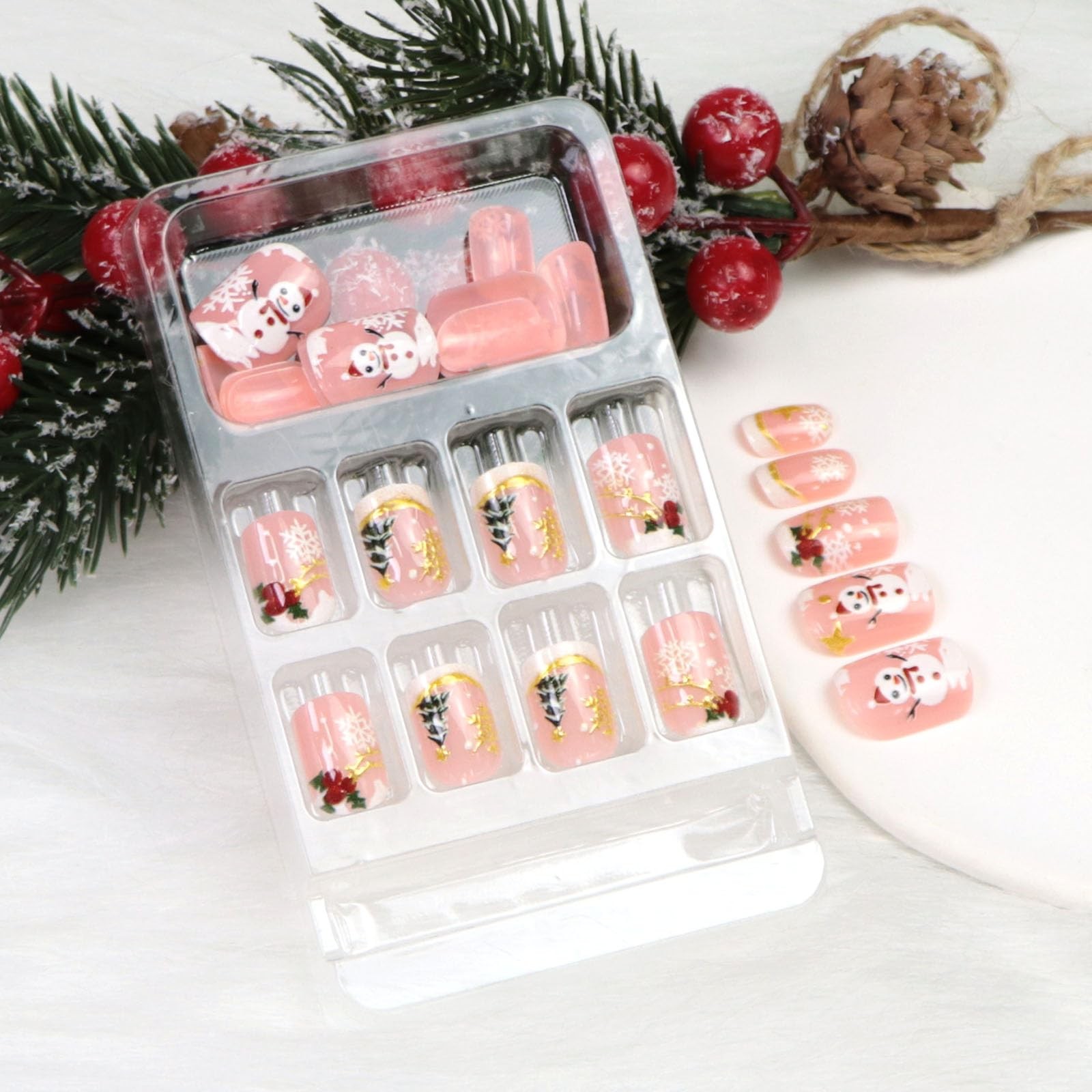 Christmas Press on Nails Short Square Fake Nails with Xmas Tree Snowflake Chr…