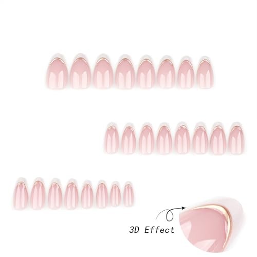 Medium Pink Almond Press on Nails – 3D Gold Stripes – White French