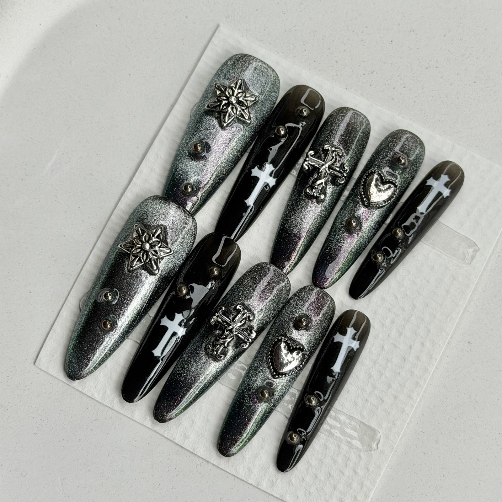 Handmade Cross Nails With Pearls Extra Long Stiletto Size M Reusable Y2K