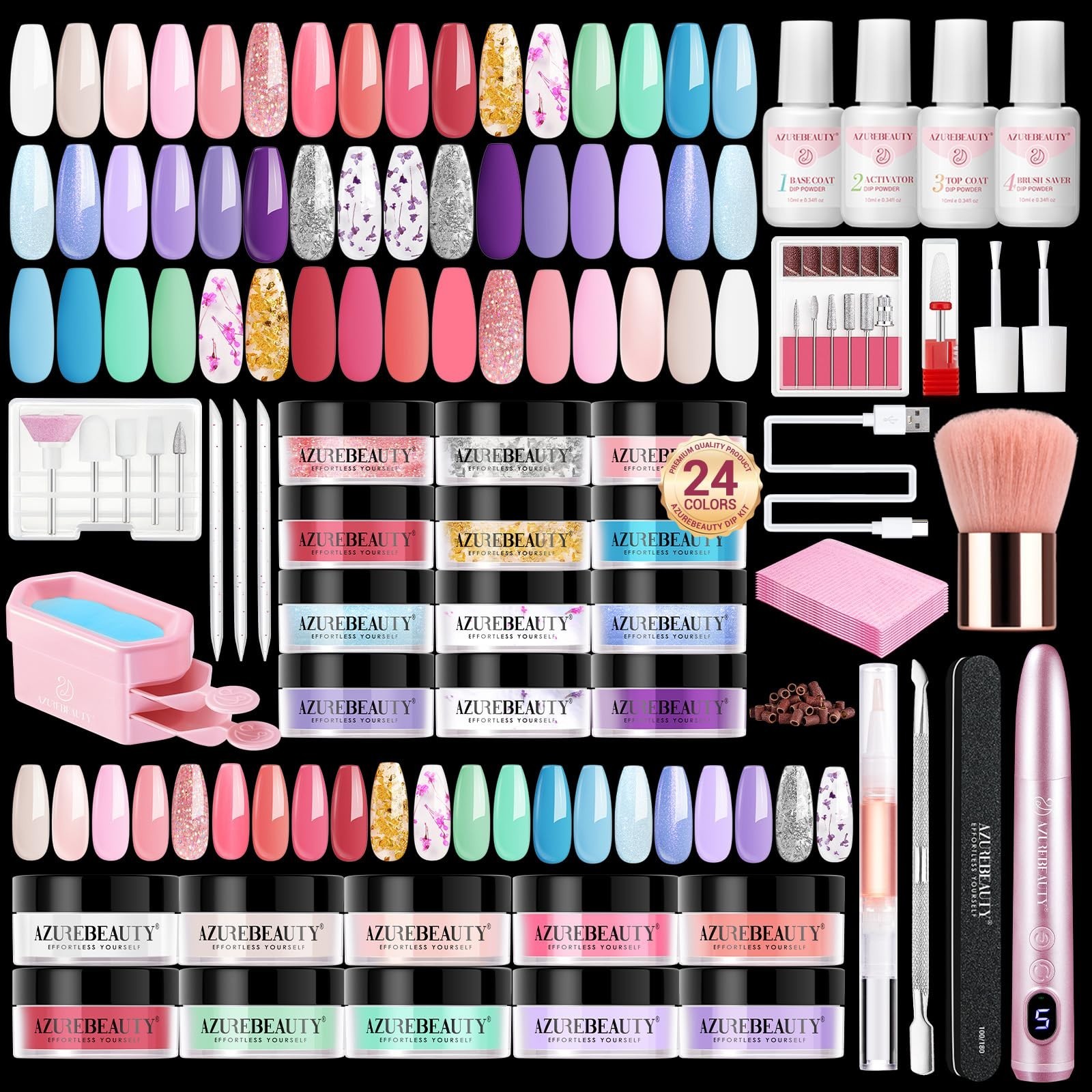 AZUREBEAUTY Dip Powder Nail Kit with Electric Nail Drill 24 Colors Spring Sum…