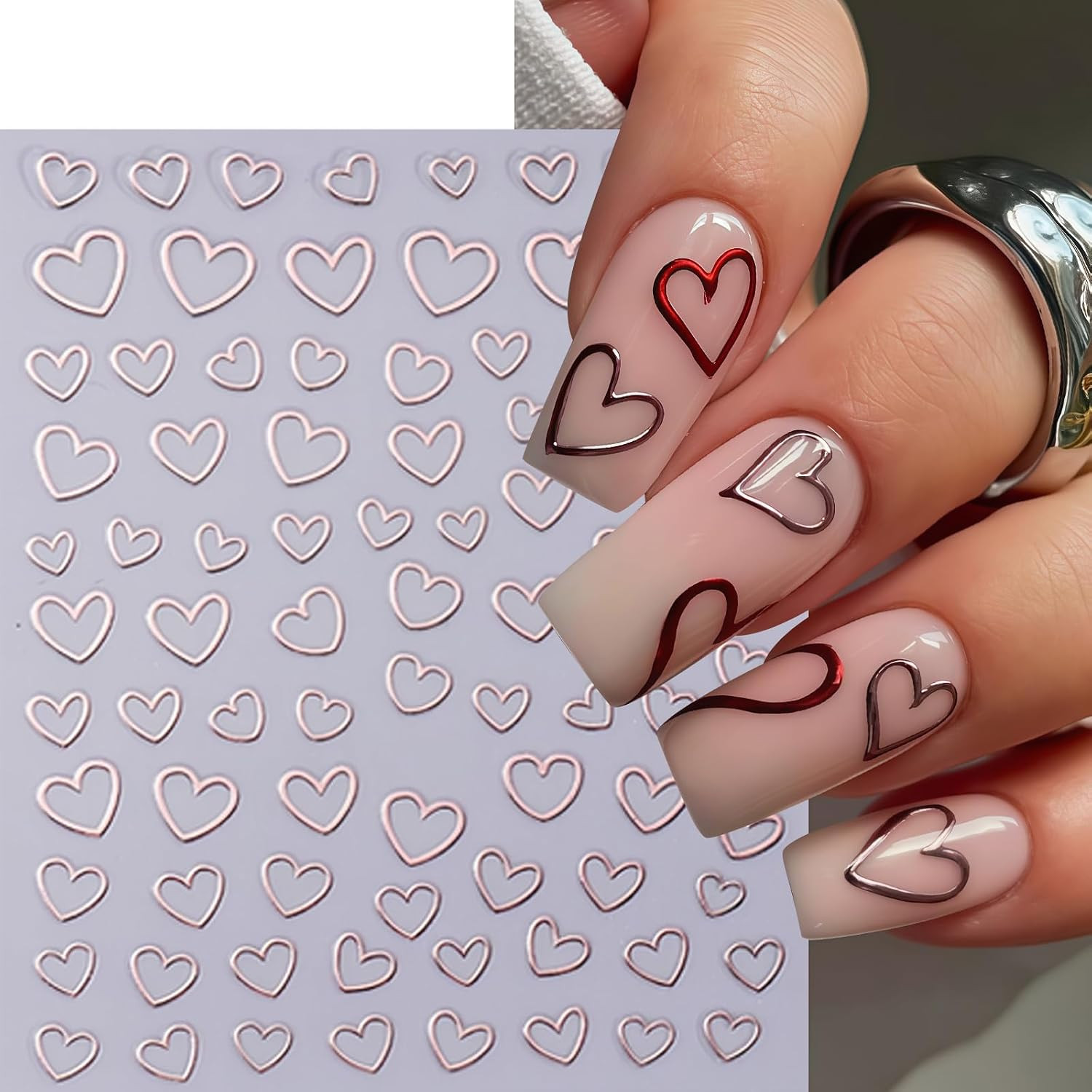 8 Sheets Valentines Day Nail Art Stickers 3D Gold Silver White Rose Gold Hollow