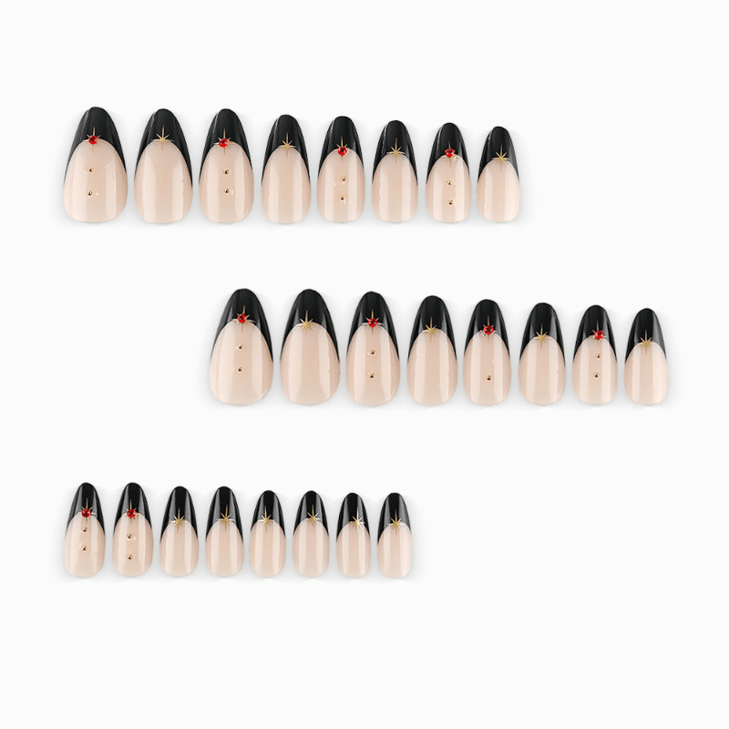 48Pcs-Halloween Long Almond Black French Gem Press on Nails Nude Fake Nails