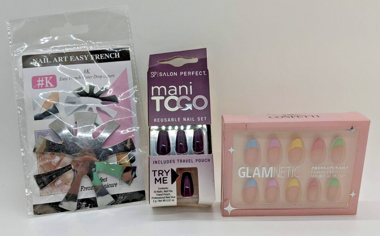 Bundle Of Press On Nails And Nail Art French Water Drop Cutter (Multicolor/Purpl