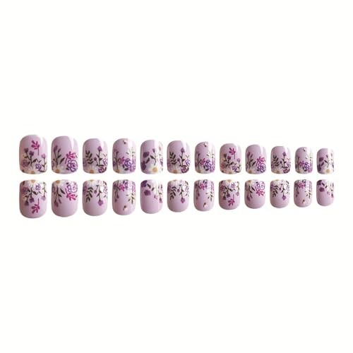 Short Press on Nails Square Fake Nails with French Tip Flower Leaves Designs