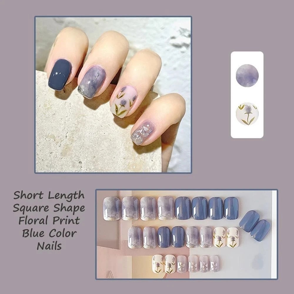 S.A.V.I 24 PCs – Blue Floral Press-On Nails, Short Fake Nail Set, Easy Manicure,
