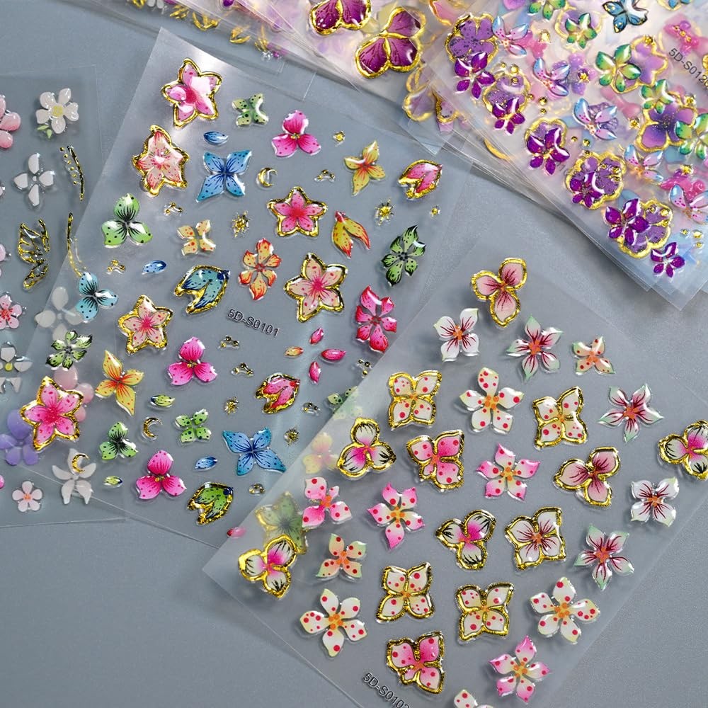 5D Embossed Colorful Summer Flower Nail Art Stickers Decals Style8 Embossed