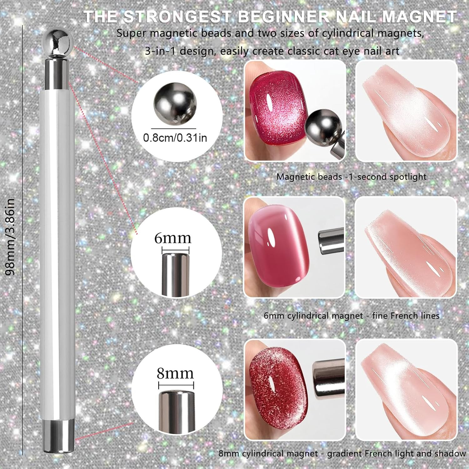 1Pcs Silver Cat Eye Magnet for Nails, Cat Eye round Nail Magnetic Beads, Double
