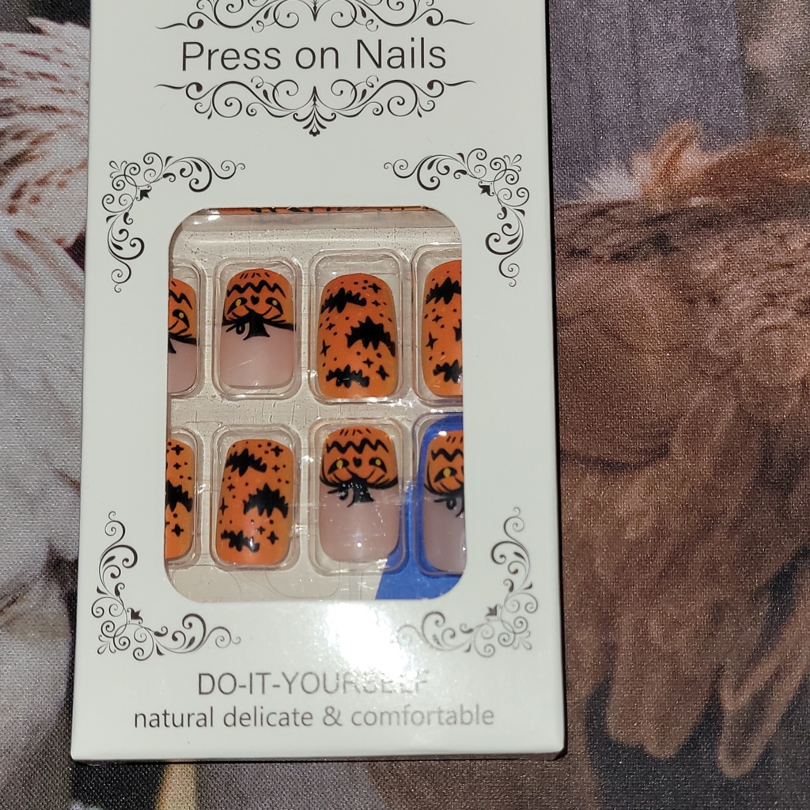 Pre-Designed Press-On Nails Medium Square 3D Halloween Orange Black Nude