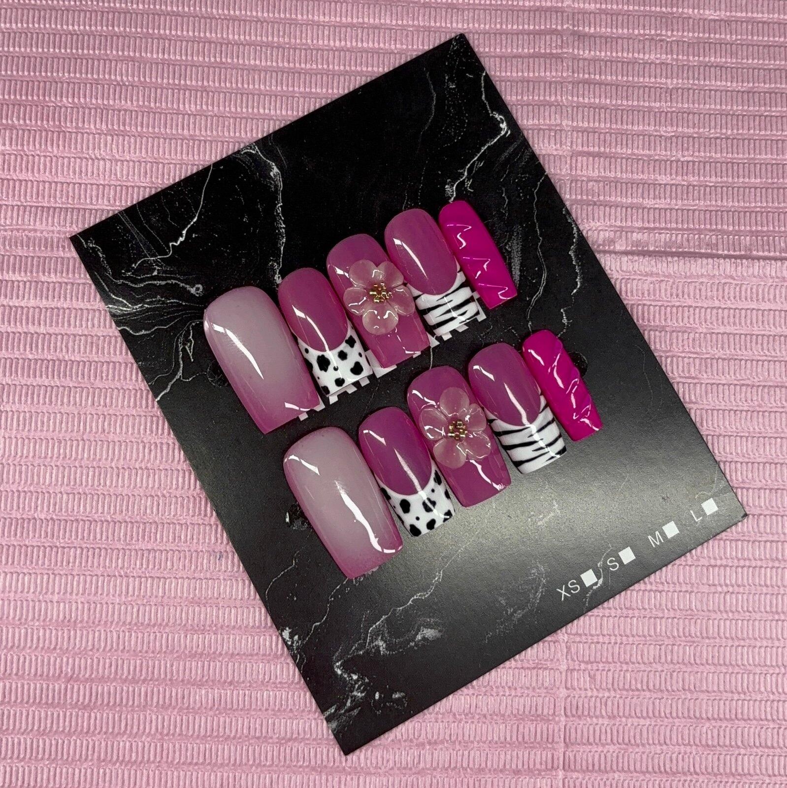 Medium square press on nails animal print 3d gel flower aura