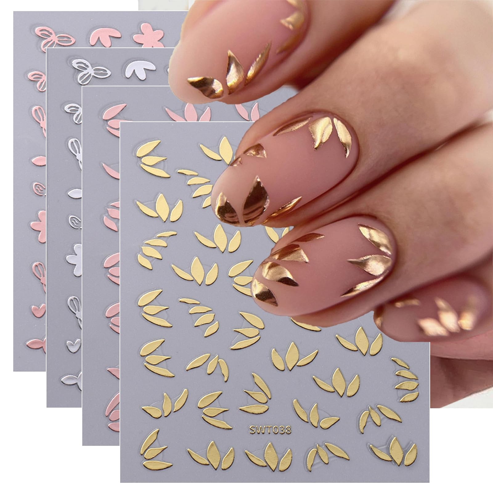 8pcs Gold Flower Leaf Nail Art Stickers 3D Self-Adhesive Metallic Nail Decals…