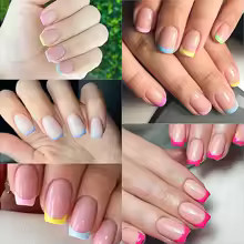 1BOX Candy Color French Short Square False Nails Pink/Green/Purple Full Cover Ma