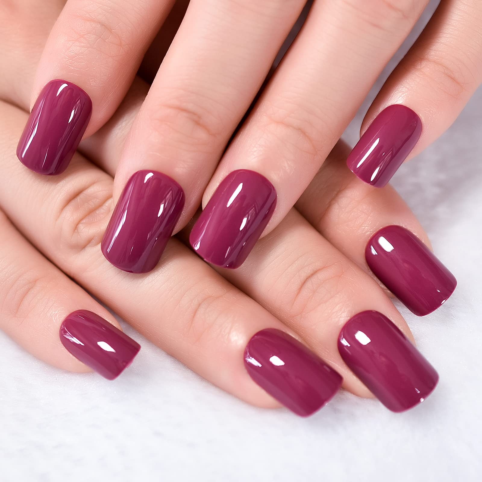 Press on Nails Glossy Dark Rose Pink False Nails Medium Short Squoval Nail Ar…